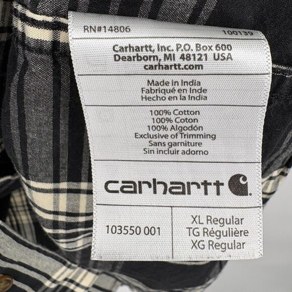 Carhartt Men’s XL Plaid Short Sleeve Work Shirt Black Cream Button-Up, Relaxed - Picture 10 of 10